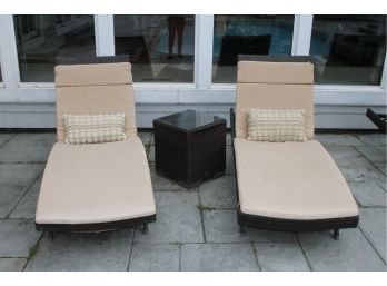 Pair Of Atlantic Faux Wicker Outdoor Lounge Chairs With Cushions And Small End Table - Lot 1