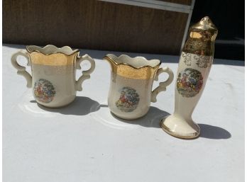 Beautiful Creamer & Sugar (?) Bowl With Salt Or Pepper Shaker With Victorian Scenes, Unmarked