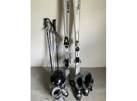 Skis, Boots, Poles, And Helmet