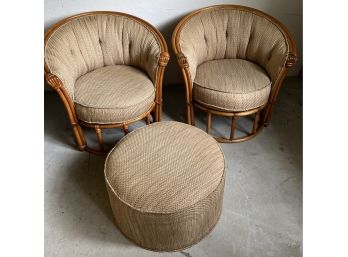 Two Upholstered Rattan Chairs And Ottoman