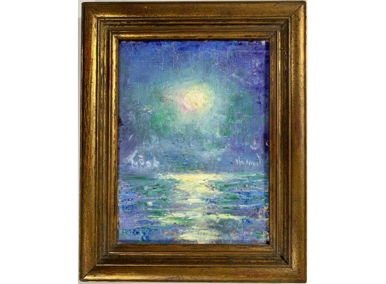 Signed Vintage Painting On Canvas Of Moonlight Over Water