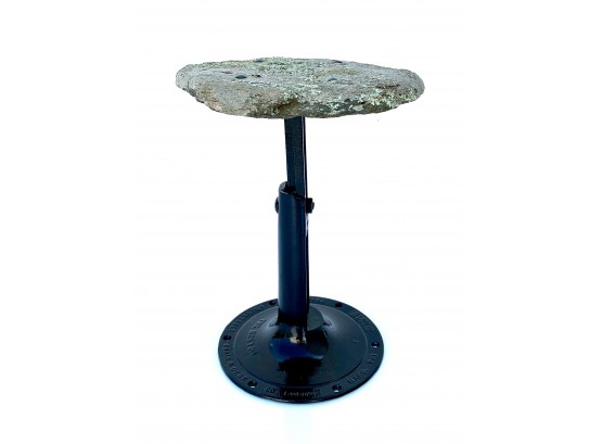 Unique Artisan Made Indoor Outdoor Side Table With Natural Stone Top On Reclaimed Antique Cast Iron Base
