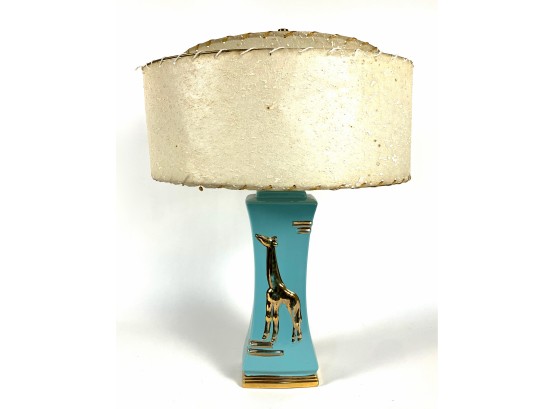 Vintage Mid Century Ceramic Table Lamp In Turquoise With Gold Embossed Giraffe Includes MCM Two Tiered Shade