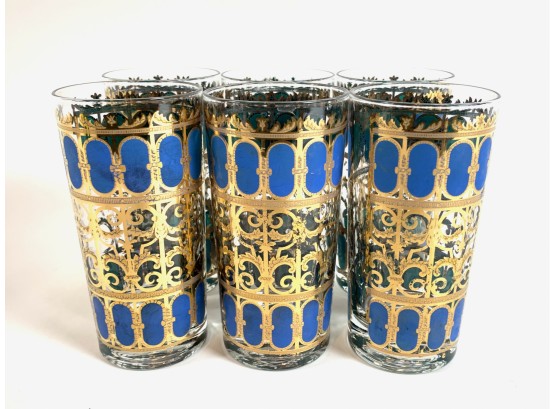 Culver Ltd 1960s 22K Gold Signed Highball Glasses In Blue Azure Scroll Pattern Set Of 6