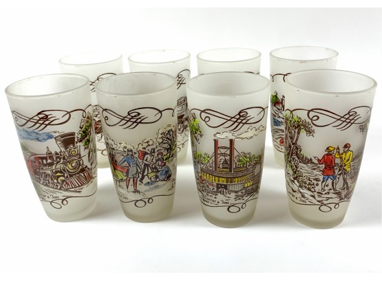1950s Currier And Ives Frosted Tumblers Set Of 8