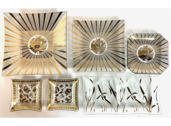 Georges Briard 1950s Clear Glass And Gold Square And Rectangular Plates