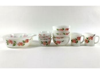 Vintage Anchor Hocking Fire King Peach Blossom Milk Glass Serving Ware