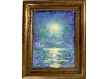 Signed Vintage Painting On Canvas Of Moonlight Over Water
