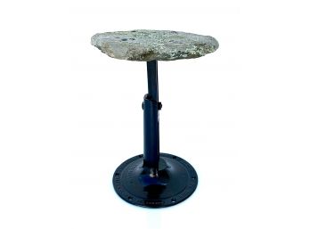Unique Artisan Made Indoor Outdoor Side Table With Natural Stone Top On Reclaimed Antique Cast Iron Base