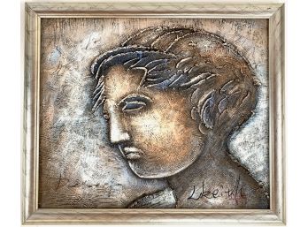 Signed Acrylic And Mixed Media Portrait With Impasto Surface