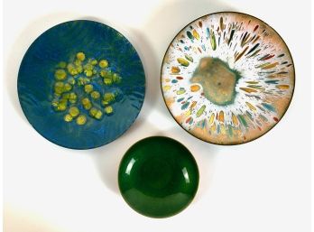 Three Mid Century Modern Enamel On Copper Plates Colorful Abstract Designs
