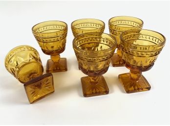 Vintage Indiana Glass Colony Park Lane Square Footed Amber Cordial Glasses Set Of 6