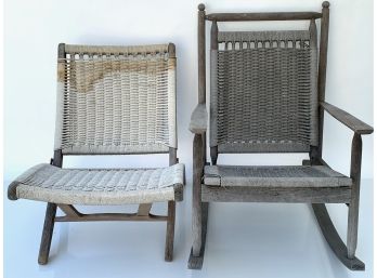 Two Wood And Woven Rope Chairs ,one A Mid Century Folding Rope Chair Design By Danish Designer Hans Wegner