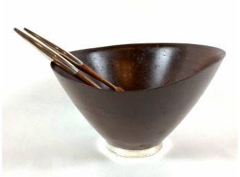 1950s Biomorphic Mahogany And Sterling Salad Bowl And Tongs Designed By Richard Hudson For Revere