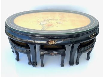 Vintage Chinese Painted And Lacquered Wooden Tea Table And Stools With Glass Table Top