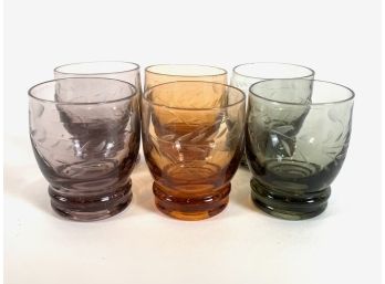 6 Vintage Mid Century Etched Wheat Pattern Colored Shot Glasses