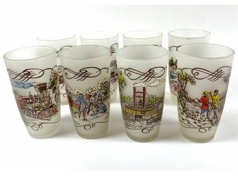 1950s Currier And Ives Frosted Tumblers Set Of 8