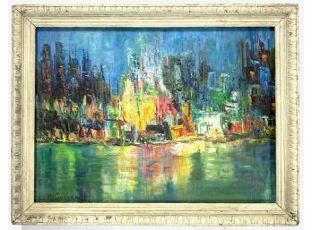 K Cavanaugh, 1974 Original Mid Century Oil On Canvas Painting Of A Cityscape Reflected In Water