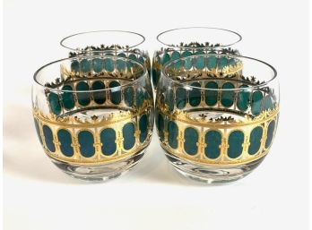 Mid Century Modern Culver Emerald Azure Scroll Roly Poly Glasses  With 22k Trim Set Of 4