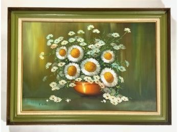 K Sevittil Signed Vintage Painting On Canvas Of Daisies In Avocado Green Frame