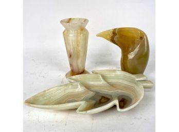 Three Pieces Vintage Alabaster Vase Leaf And Bird