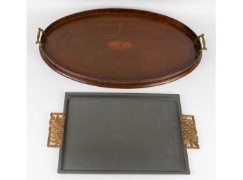 Two Vintage Serving Trays, Wood And Metal