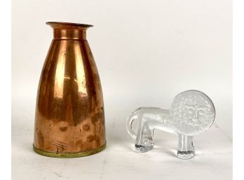 Copper Vase  And Mid Century Modern Glass Lion Figurine