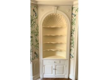 A Pair Of Wood Corner Display Cabinets With Ornate Plaster Clam Shell Friezes