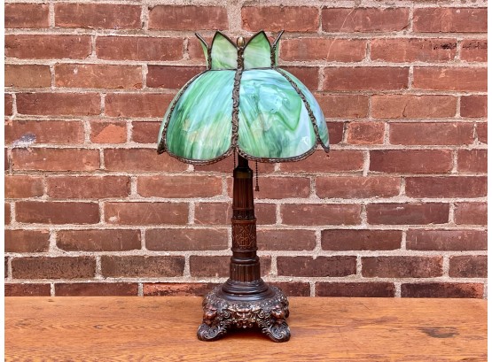 Antique Early 1900s Victorian Curved Green Slag Glass Lamp With Stylized Lions Feet