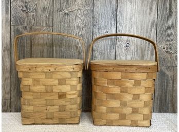 Two Vintage Hand Woven Baskets With Hinged Top & Handles