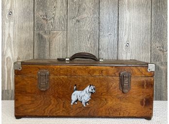 A Beautiful Burl Wood Tool Box With A Cairn Terrier On Front