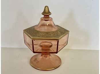 A Unique Lidded Pink Glass & Brass Dish