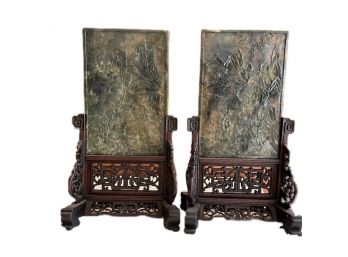 A Pair Of Spinach Green Jade Carved Panels - Double Sided On Rosewood Stands - Chinese
