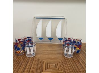 Vintage 70s Lucite Tray And Glasses - Sail Boats