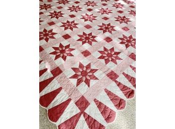 King Size Vintage Hand Made Red/pink/white Star Patchwork Quilt - Scalloped Edges - White Background