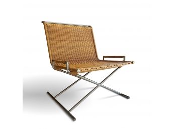 AMAZING Original Ward Bennett 'Sled' Chair - Chrome And Rattan - 1976 - With Leather Seat Cushion (2 Of 2)