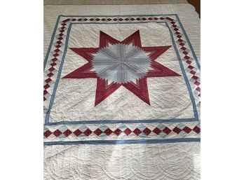 King Size Vintage Hand Made Star Patchwork Quilt - Scalloped Edges - White Background