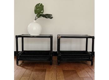 A Pair Of Painted Rattan End Tables With Basket Drawer And Laminate Tops