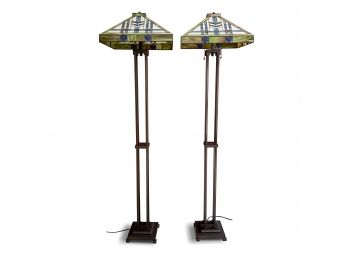 A Pair Of Mission Style Standing Lamps With Stained 'glass' Shades - 63'H
