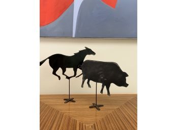 Handmade Wrought Iron Horse And Pig Silhouettes On Standing Base