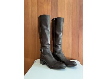 Lightly Worn Via Spiga Brown Leather Boots With Low Chunk Heel - Sz 9