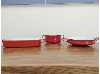 A Set Of 3 Red Vintage Kobenstyle Enameled Cast Iron Cookware By Dansk