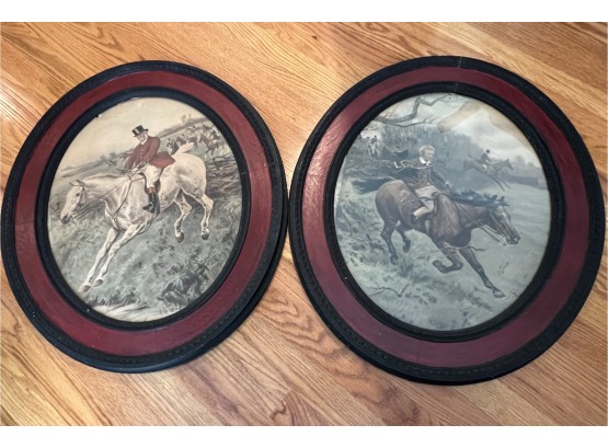 Pair Of English Riding Scene Painted Panels In Red & Black Oval Frames