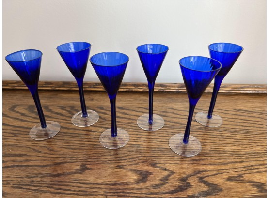 Set Of Six Cobalt Blue Cordial Glasses