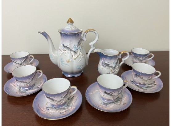 Asian Dragon Motif Slipware Luster Porcelain Tea Set With Six Teacups & Saucers