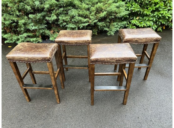 Set Of Four Crate & Barrel Walnut & Leather Counter Stools
