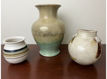 Trio Of Glazed Pottery, Including Two Signed Pieces