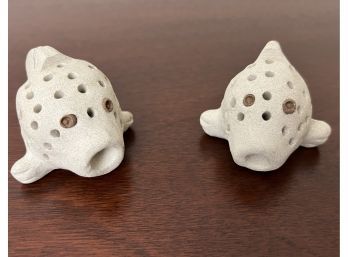 Pair Of Tiny Hand-signed Ceramic Blowfish Figurines