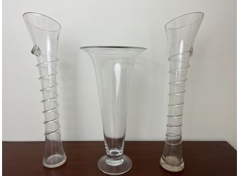 Trio Of Tall Clear Art Glass Vases
