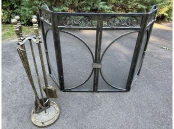Wrought Iron Finish Fireplace Screen & Gold Painted Fireplace Tools